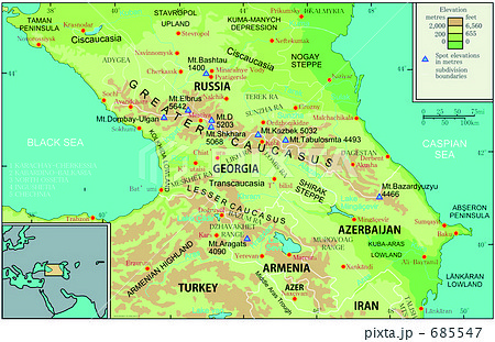 Russia アルメニア 地図 カスピ海 ロシア 世界地図 グルジア 黒海の写真素材