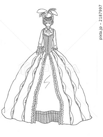 女性 ドレス 線画 白黒画 フリルのイラスト素材