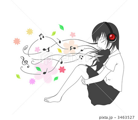 音楽 女子高生 イラスト 横向き 女の子 座っている 音符 花のイラスト素材