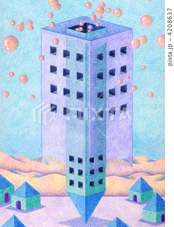 色鉛筆画 幻想的 塔 ファンタジー アナログイラストの写真素材