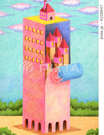 色鉛筆画 幻想的 塔 ファンタジー アナログイラストの写真素材