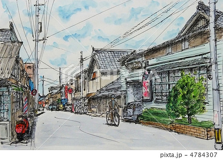 水彩画 風景画 電柱 昭和建築のイラスト素材