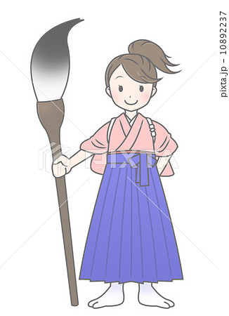 着物 筆 女の子 書初めのイラスト素材