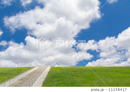 階段 雑草 土手 河川敷の写真素材