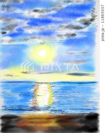 夕日 イラスト 海辺 水彩の写真素材