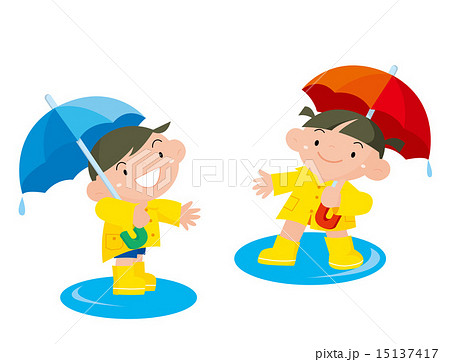 雨降り レインコート 男の子 傘のイラスト素材