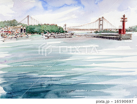 風景画「下津井の海」油彩画 SM 木製フレーム付き 瀬戸の風景