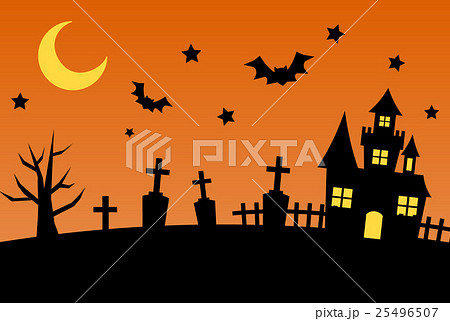 ハロウィン コウモリ 城 シルエットのイラスト素材