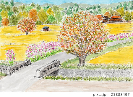 水彩画 里山 秋 風景画のイラスト素材 - PIXTA