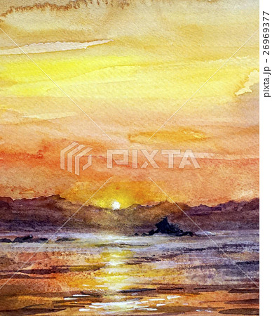 水彩画 水彩 夕日 海のイラスト素材