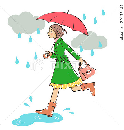 雨 女性 走る 水たまりのイラスト素材