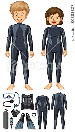 スキューバダイビング ダイバー 女性 ウエットスーツのイラスト素材