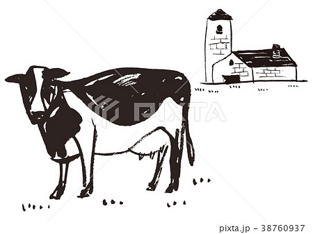 牛 牧場 酪農 水墨画のイラスト素材
