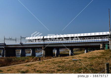 河原 二子玉川 多摩川 土手の写真素材