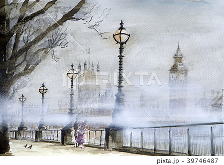 霧のロンドン ビッグペン ロンドン 手書き 水彩画のイラスト素材 39746487 Pixta