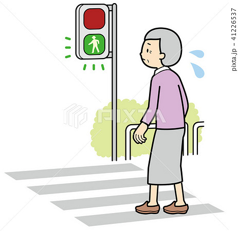 シニア 歩く 信号 横断歩道 歩行者信号 横断 お婆さんのイラスト素材