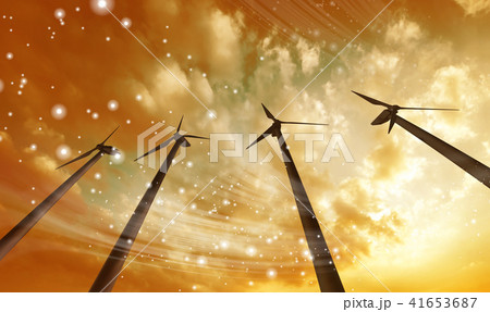 風車 風力発電 夕焼け 夕暮れのイラスト素材 - PIXTA