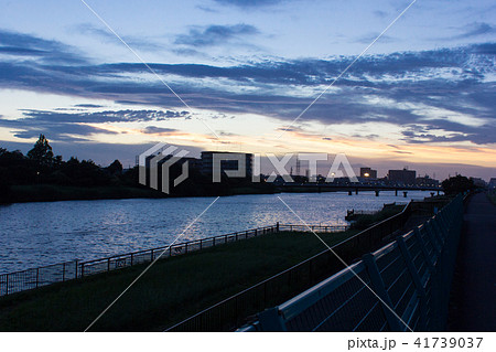 江戸川 夕日 小岩 土手の写真素材