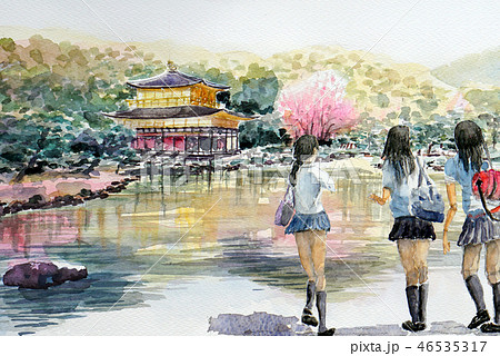 女子高生 京都観光 修学旅行 清水寺のイラスト素材