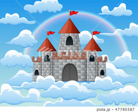 Fantasy Flying Island With Castle And Rainbowのイラスト素材