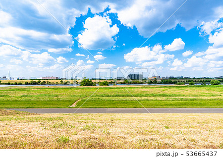 河川敷 青空の写真素材