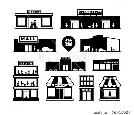 商店街 モノクロ 白黒のイラスト素材