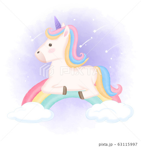 Cute Unicorn Relaxing On Rainbow Hand Drawn Animalのイラスト素材