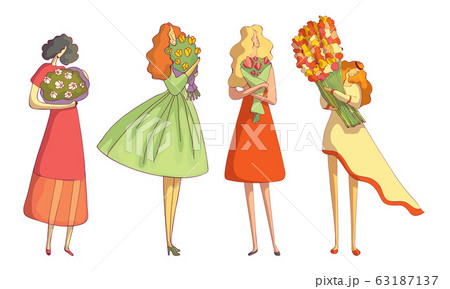 女性 花束 持つ きれいのイラスト素材