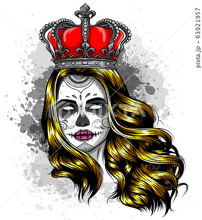 Female Skull With A Crown And Long Hair Queen のイラスト素材