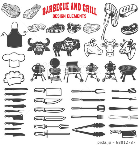 Premium Vector  Cartoon barbecue equipment, outdoor bbq picnic elements.  grilled steak and vegetables, barbecued food for summer grill party vector  set. cooking tools and appliances, charcoal and meat