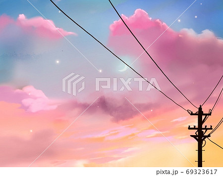 空 電柱 月 雲のイラスト素材 - PIXTA