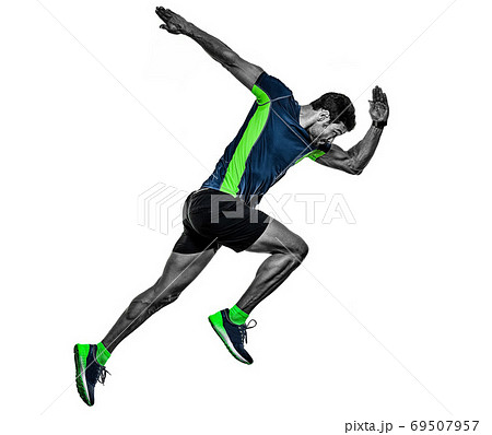 Woman in blue sports clothes jumping. Female sprinter exercising