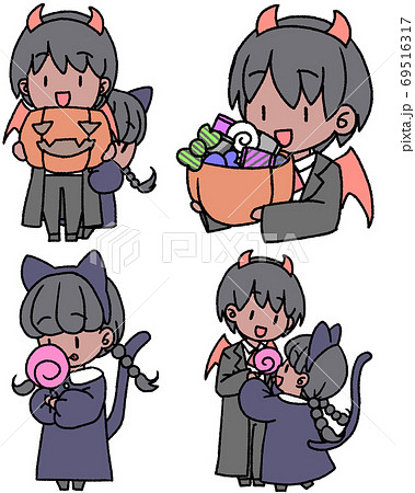 ハロウィン 女の子 猫 仮装のイラスト素材