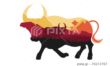 Sunset Landscape Inside Bull Silhouetteのイラスト素材