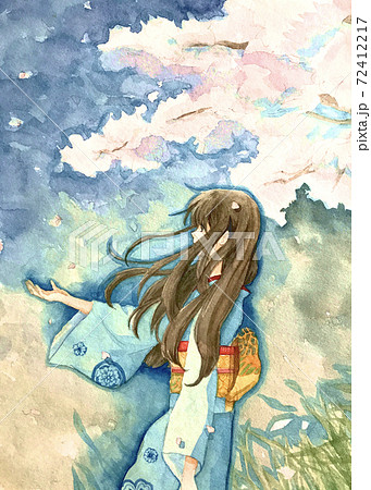 青い着物の横顔女性イラスト 全体のイラスト素材