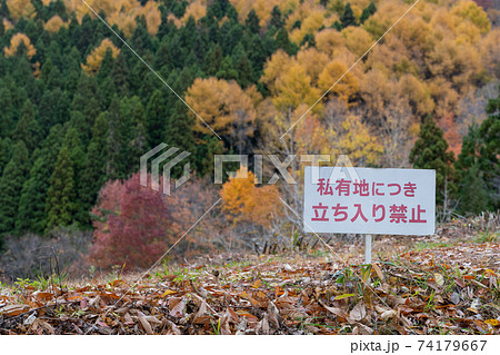 森林での私有地立入禁止の看板の写真素材