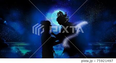夜空に輝く天の川と流れる雲と再会する織姫と彦星のシルエットのイラスト素材