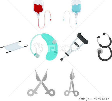 輸血や点滴やタンカや補聴器や聴診器などの日常的な医療品のアイコンのイラスト素材