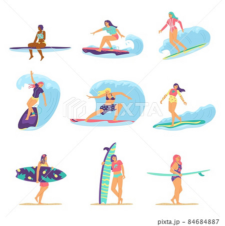 サーフィン 波乗り かわいい イラストの写真素材