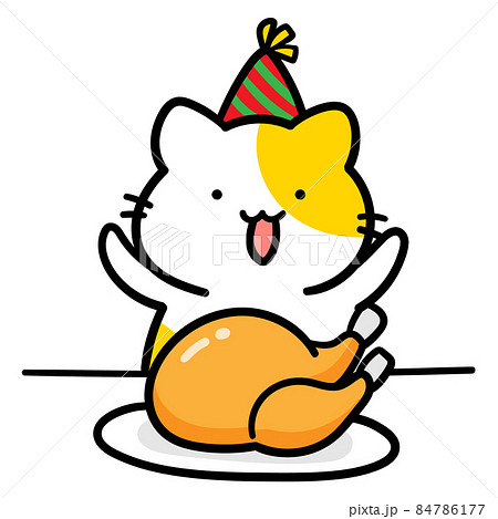 クリスマスに七面鳥を食べるねこのかわいい手書き風イラストのイラスト素材 クリスマスに七面鳥を食べるねこのかわいい手書き風イラストのイラスト素材