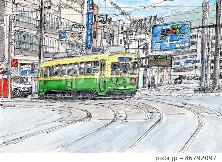 電車 路面電車 水彩画 水彩のイラスト素材 - PIXTA