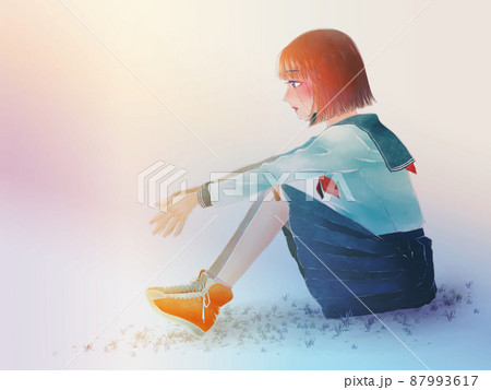 体育座り 女の子 イラスト 横向きのイラスト素材