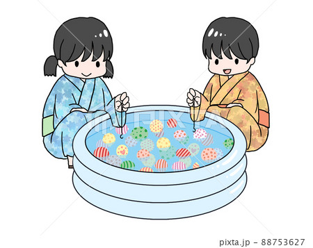 ヨーヨー釣り 浴衣 夏祭り 女の子のイラスト素材