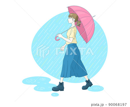 女性 横向き 雨 傘のイラスト素材