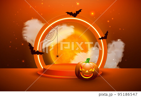 Monster pumpkins invite to Halloween party,banner, poster, greeting card.  Cute characters with speech bubble,spider, web and bat. Vegetables in  different poses,template for design.Vector illustration. Stock Vector