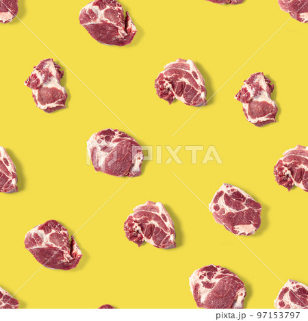 Seamless Pattern with raw pork meat slices on white background