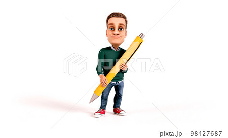 Male student writing or drawing with a huge pencil. Boy character