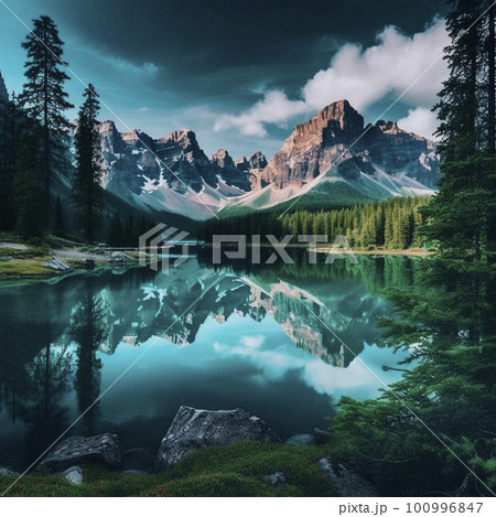 湖 林 水彩画 風景の写真素材 - PIXTA