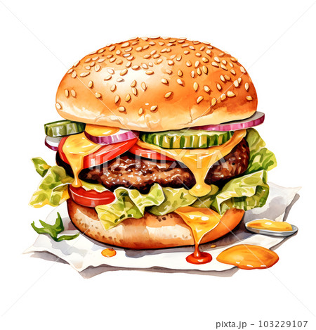 食べ物 ハンバーガー 水彩画 バンズのイラスト素材 -