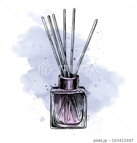 Vanilla Essential Oil with flowers and sticks. Hand drawn